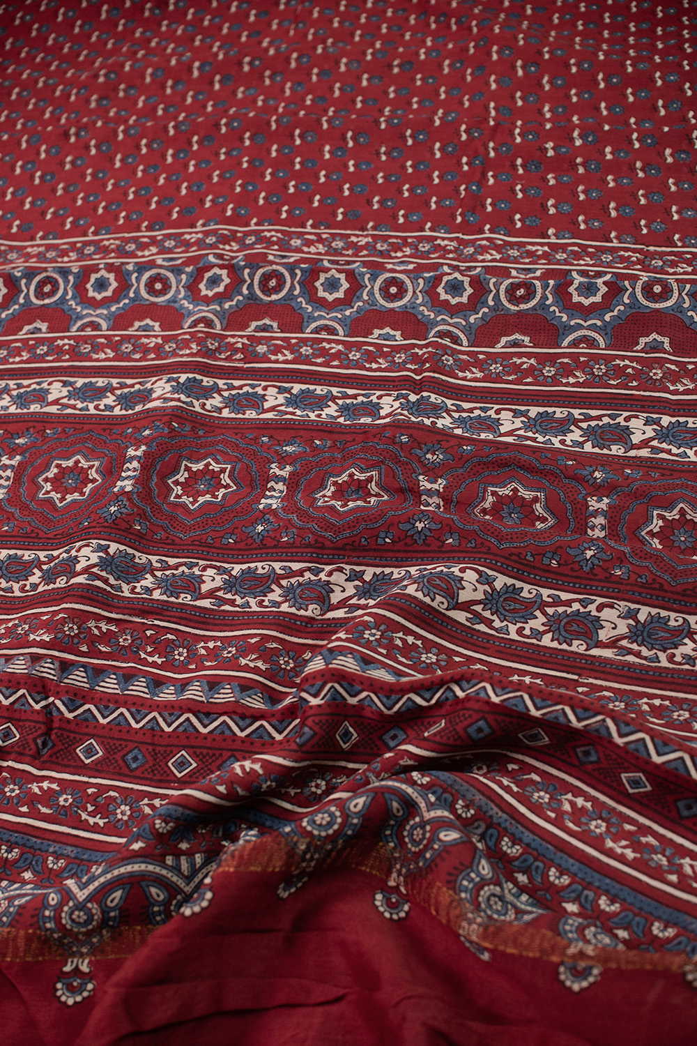 Maroon with Florets Ajrak Chanderi saree - Image 3