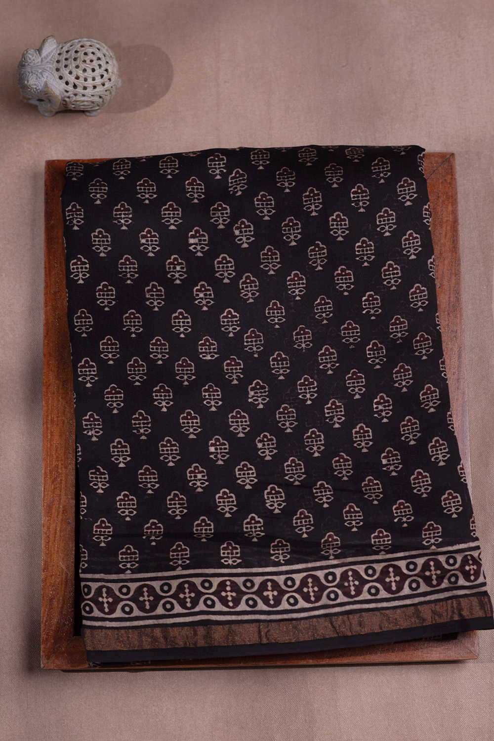 Zari Border on Black Ajrak Chanderi saree