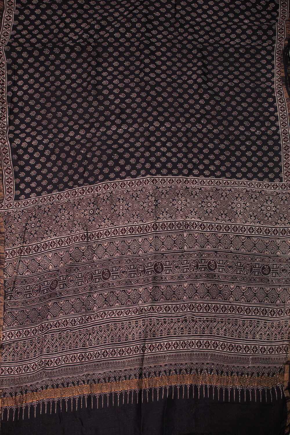 Zari Border on Black Ajrak Chanderi saree - Image 2