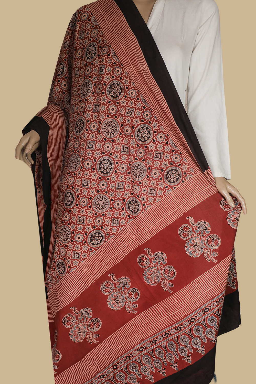 Maroon - Intricate Design Ajrak Cotton Dupatta
