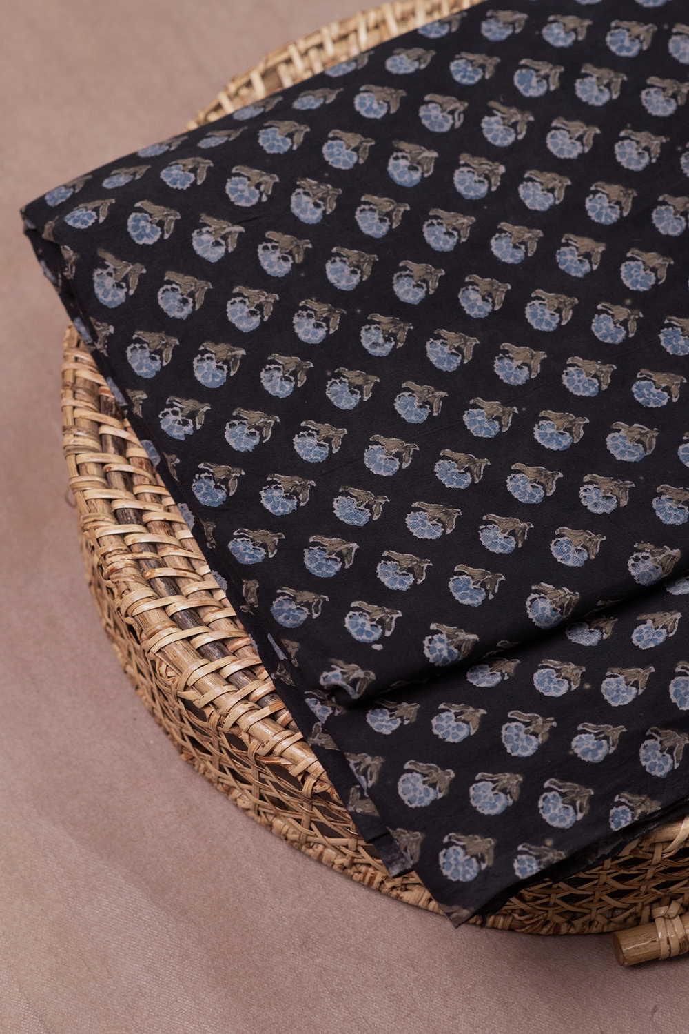 Black with Little Florets Ajrak Cotton Fabric - Image 2