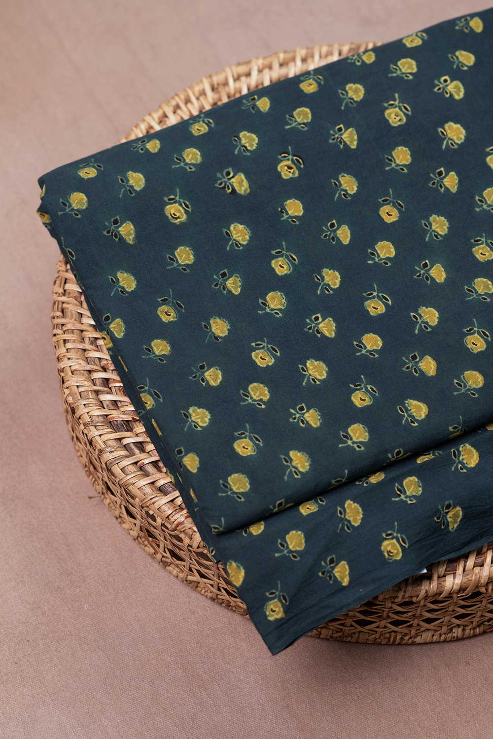 Yellow Florets Green Ajrak Cotton Fabric