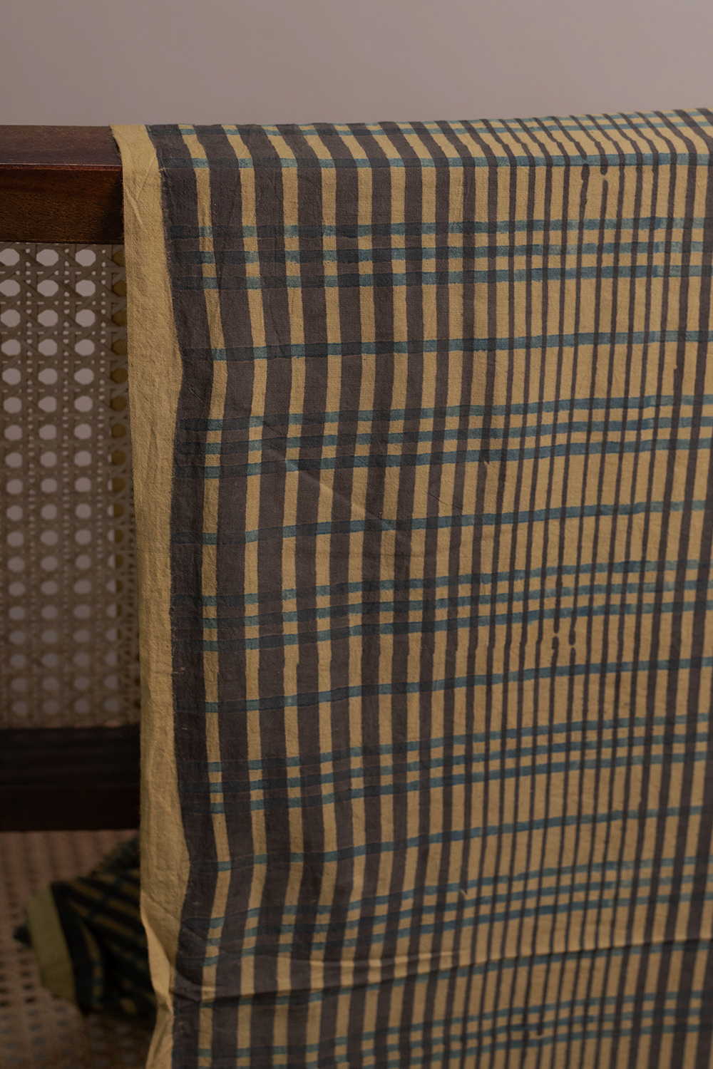 Yellow with Checks Pattern Ajrak Cotton Fabric - Image 2