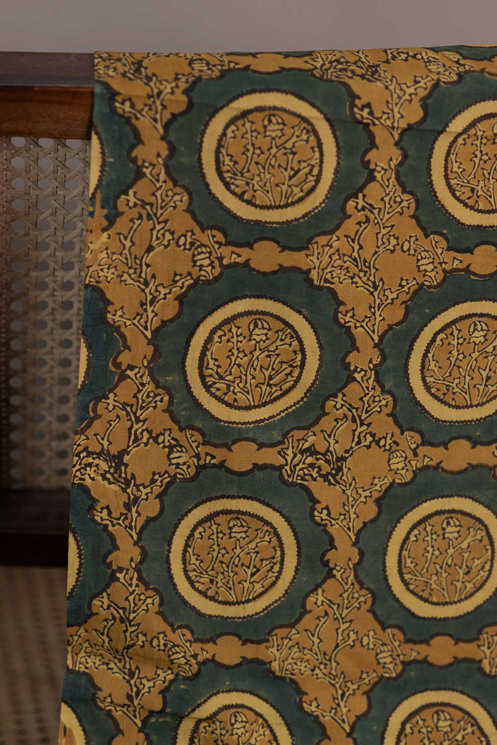 Green Rangoli on Yellow Ajrak Cotton Fabric - Image 2