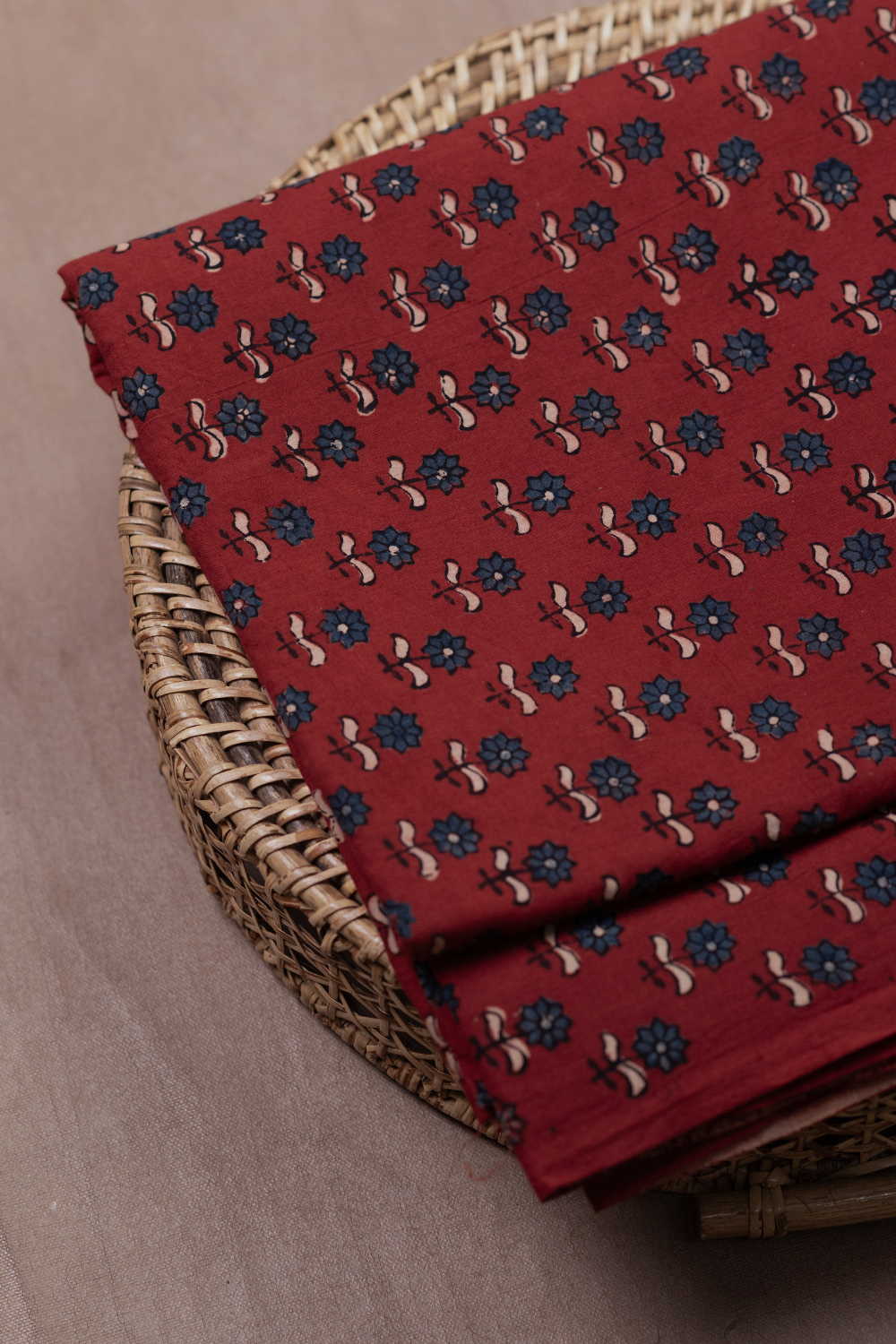 Blue Blooms - Maroon Ajrak Cotton Fabric