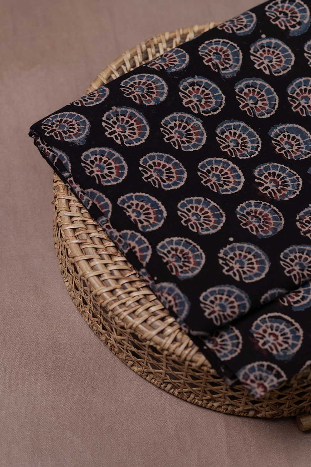 Black with Floral Motifs Ajrak Cotton Fabric