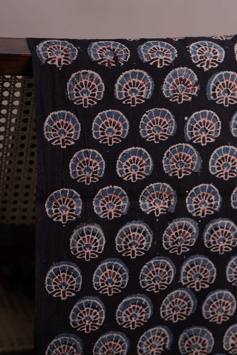 Black with Floral Motifs Ajrak Cotton Fabric - Image 2