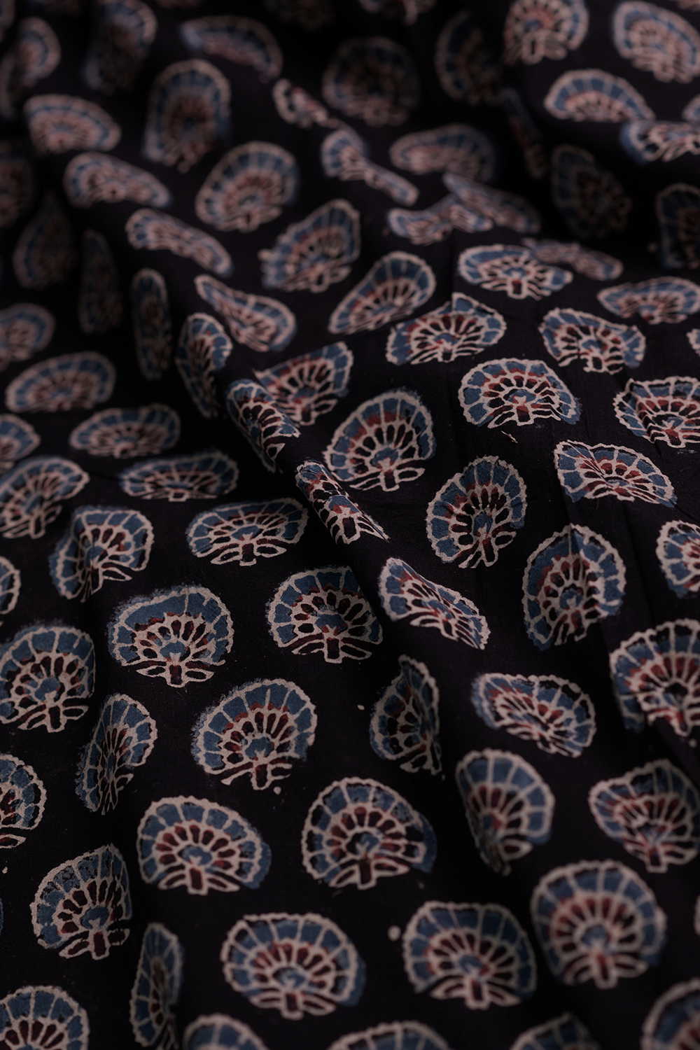 Black with Floral Motifs Ajrak Cotton Fabric - Image 3