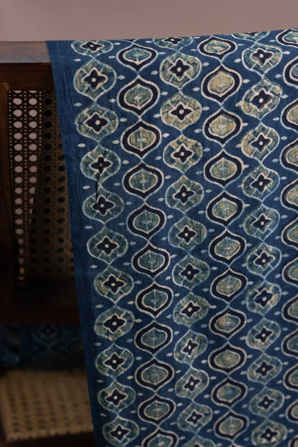 Green Motifs on Indigo Ajrak Cotton Fabric - Image 2