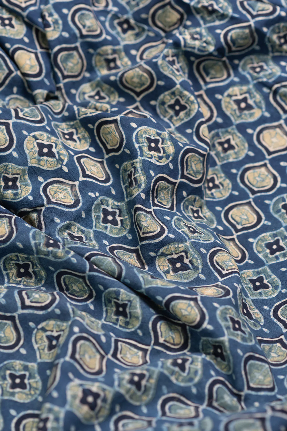 Green Motifs on Indigo Ajrak Cotton Fabric - Image 3