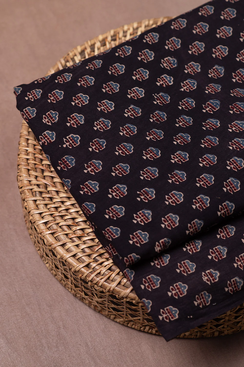 Florals on Black Ajrak Cotton Fabric