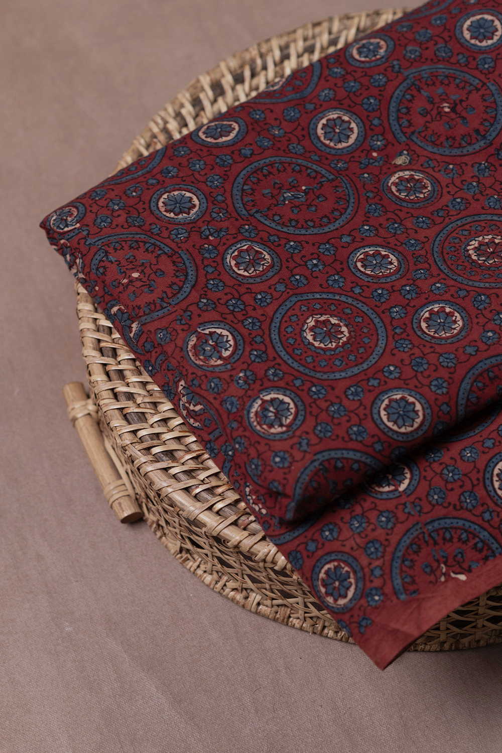 Circle Motifs - Maroon Ajrak Cotton Fabric