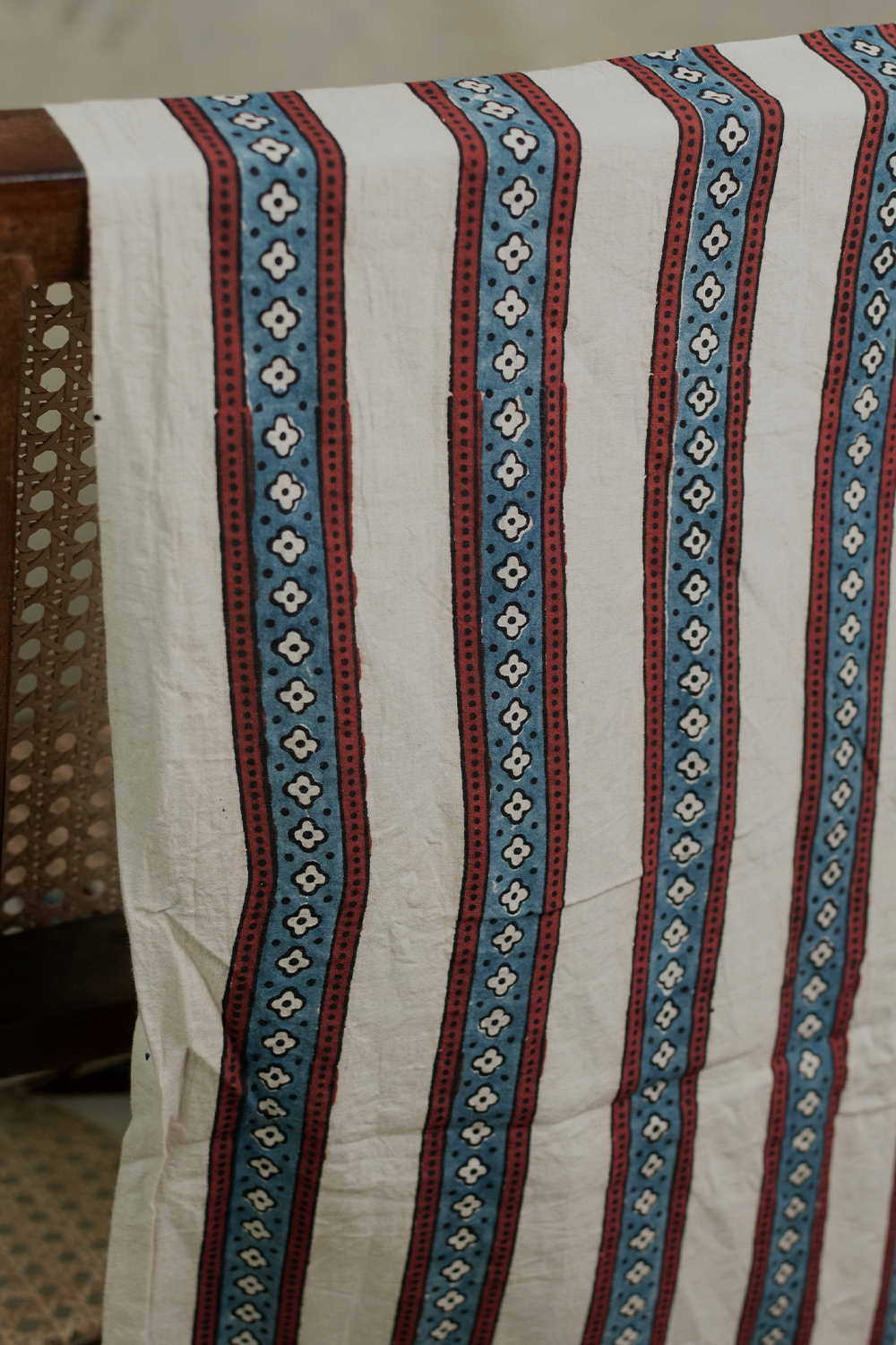 Indigo Stripe on Cream Ajrak Cotton Fabric - Image 2