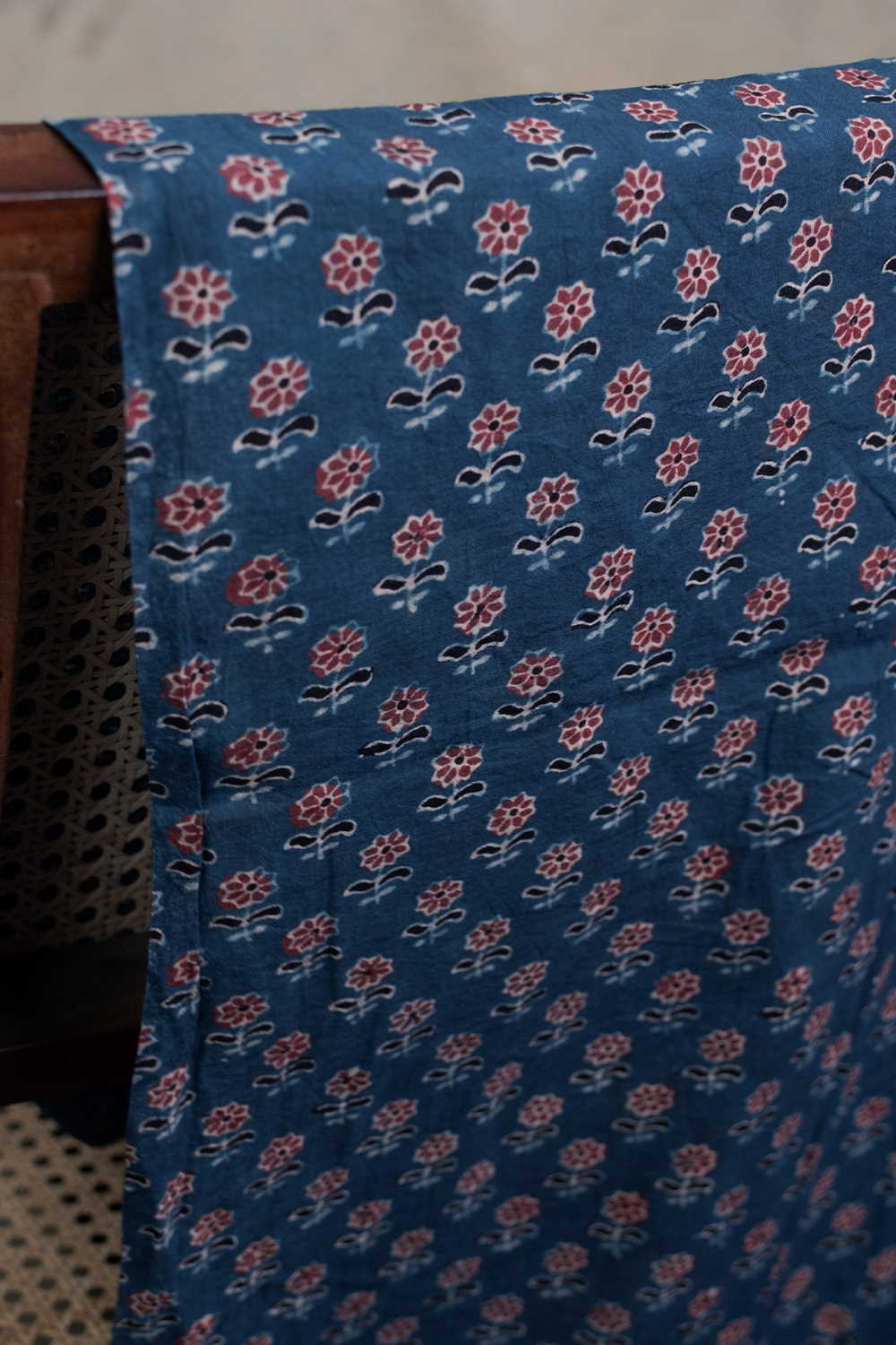 Dark Indigo with Maroon Florets Ajrak Cotton Fabric - Image 2