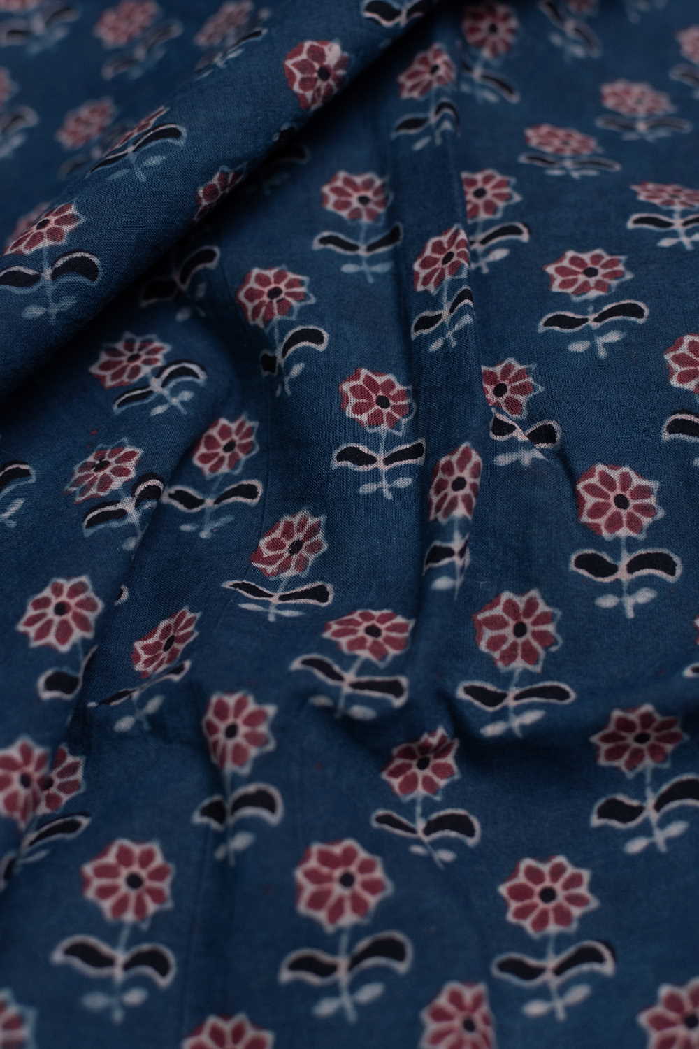 Dark Indigo with Maroon Florets Ajrak Cotton Fabric - Image 3