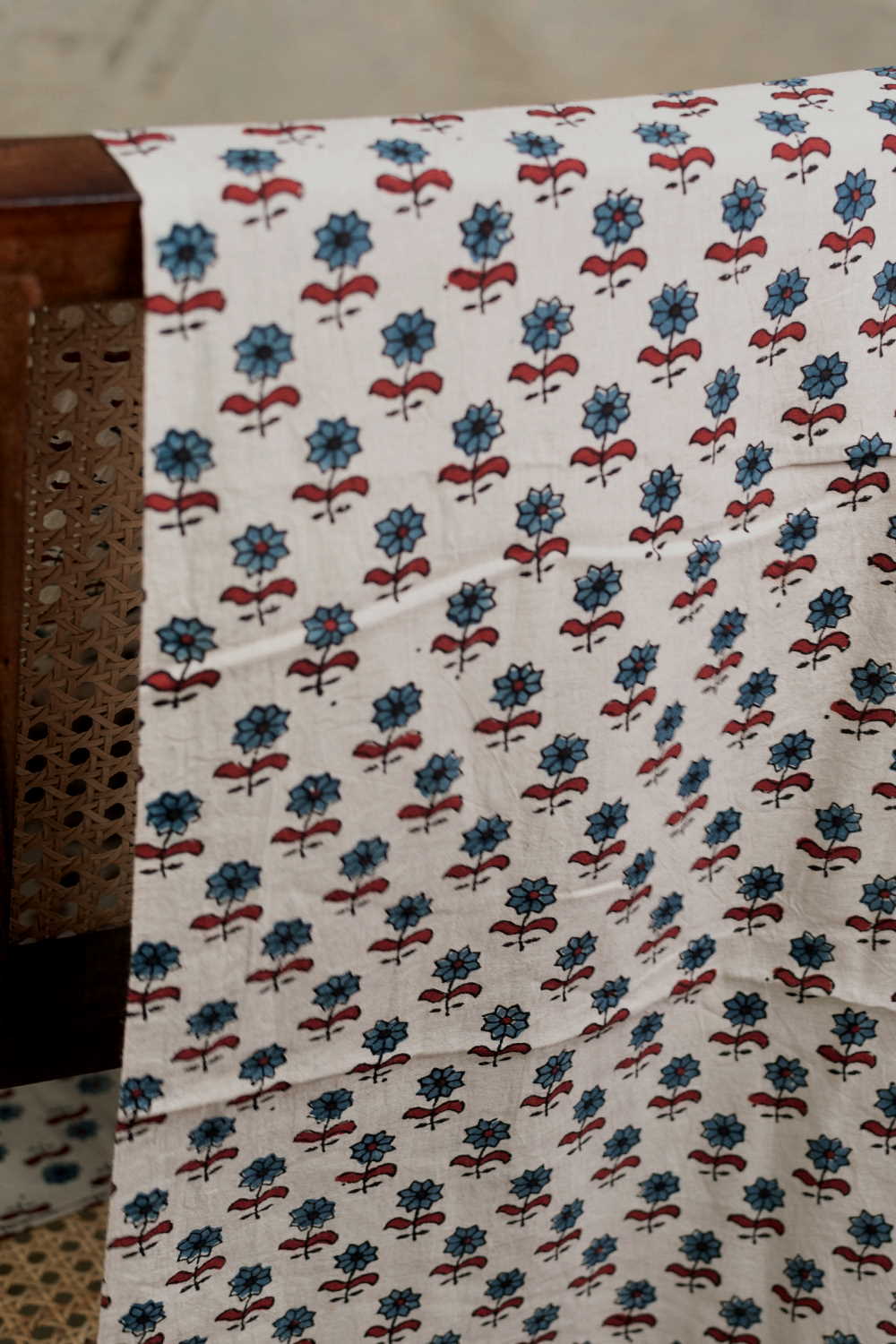 Indigo Florets - Cream Ajrak Cotton Fabric
