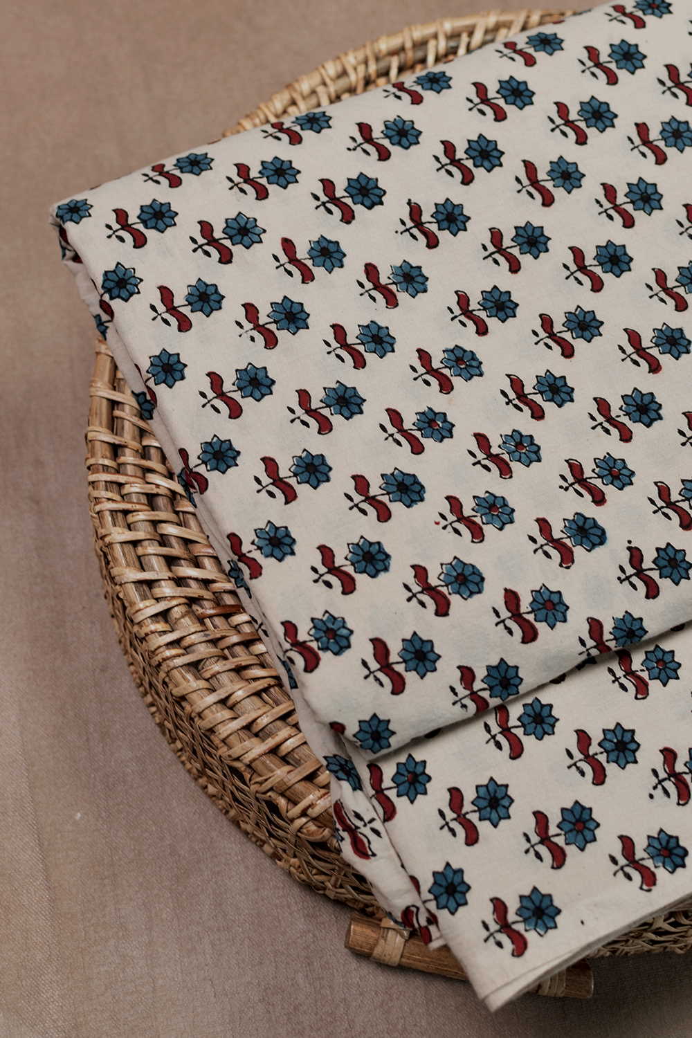 Indigo Florets - Cream Ajrak Cotton Fabric - Image 2
