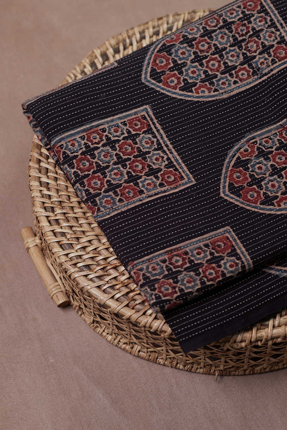 Palace Butta on Black Kantha Stitched Ajrak Cotton Fabric