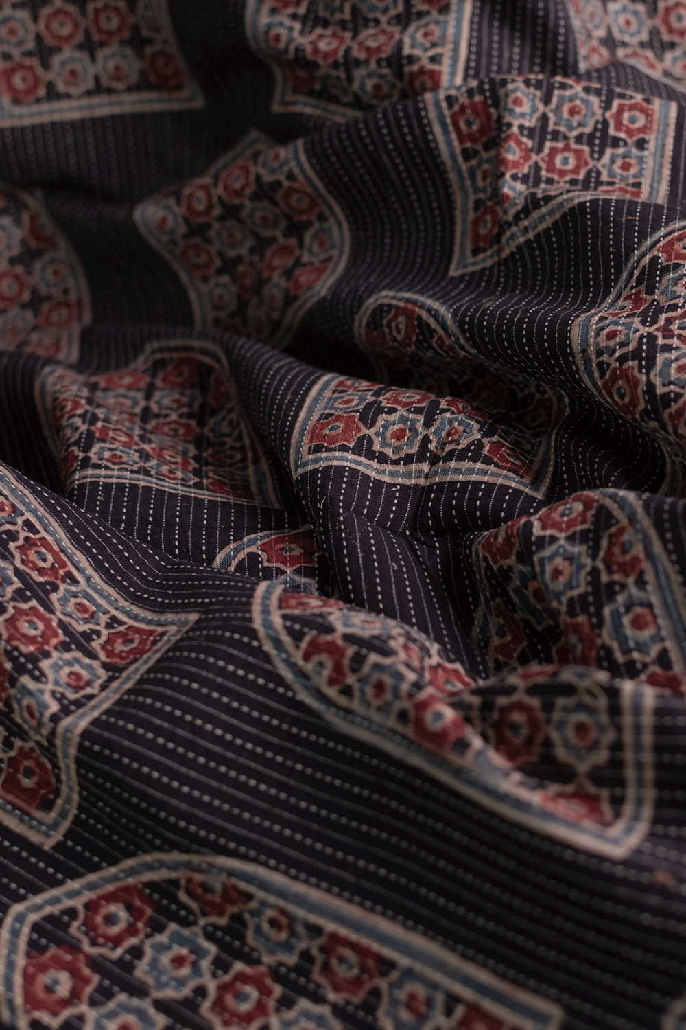 Palace Butta on Black Kantha Stitched Ajrak Cotton Fabric - Image 3