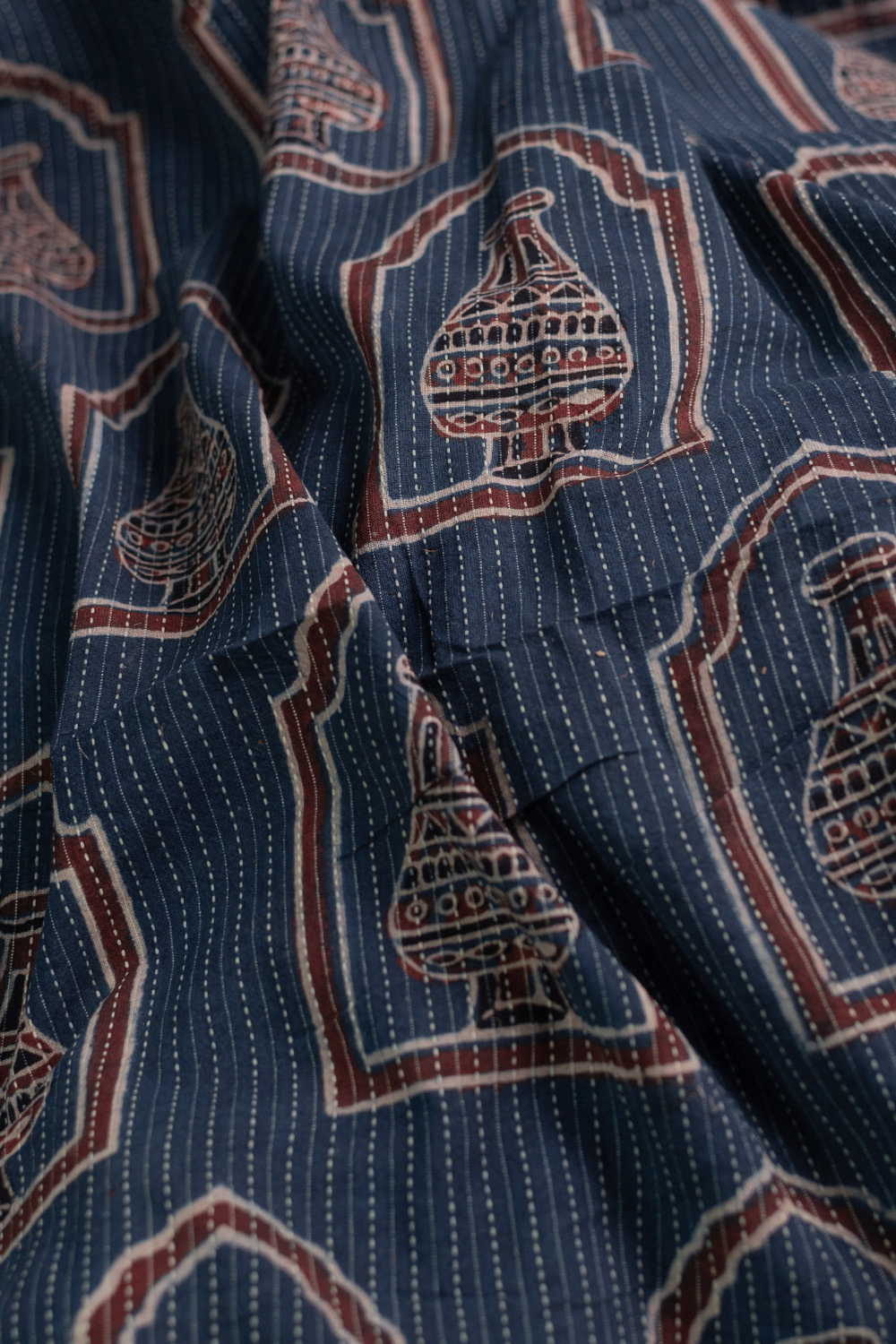 Indigo Kantha Stitched Ajrak Cotton Fabric - Image 3