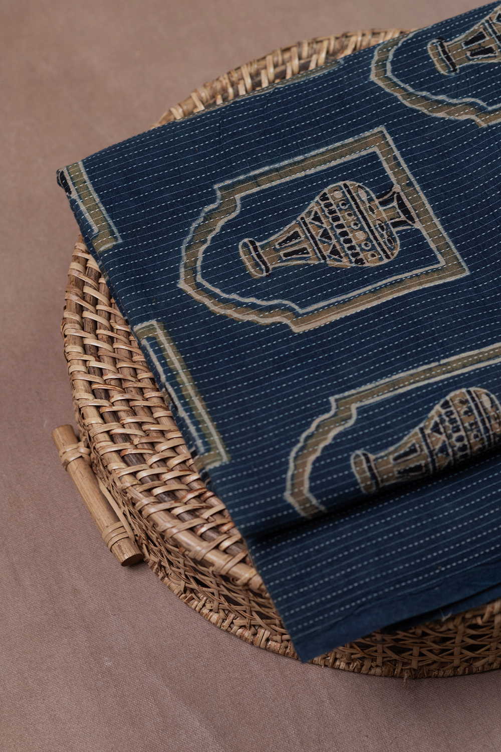 Dark Indigo Kantha Stitched Ajrak Cotton Fabric