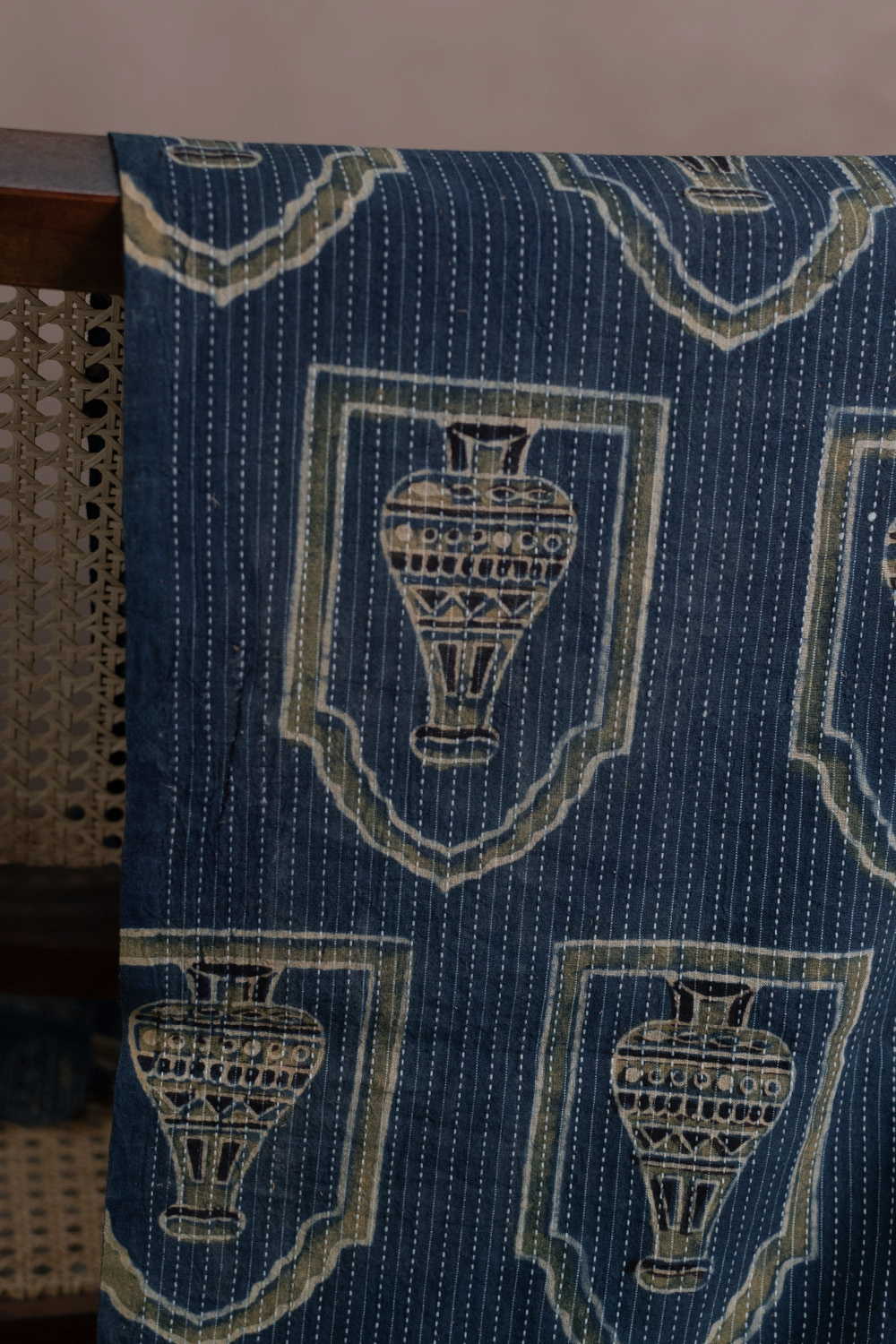 Dark Indigo Kantha Stitched Ajrak Cotton Fabric - Image 2