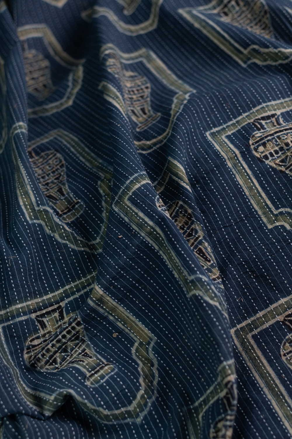 Dark Indigo Kantha Stitched Ajrak Cotton Fabric - Image 3
