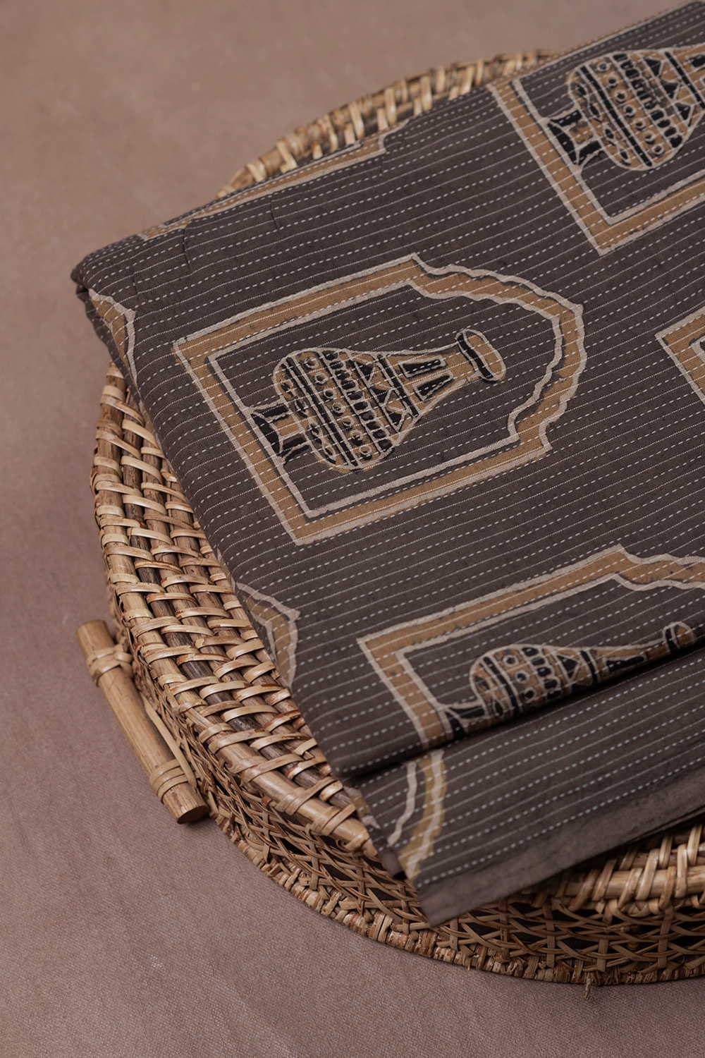 Light Brown Kantha Stitched Ajrak Cotton Fabric