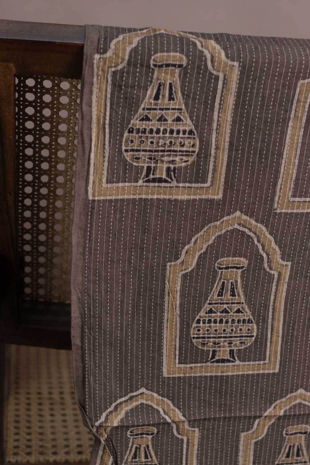 Light Brown Kantha Stitched Ajrak Cotton Fabric - Image 2