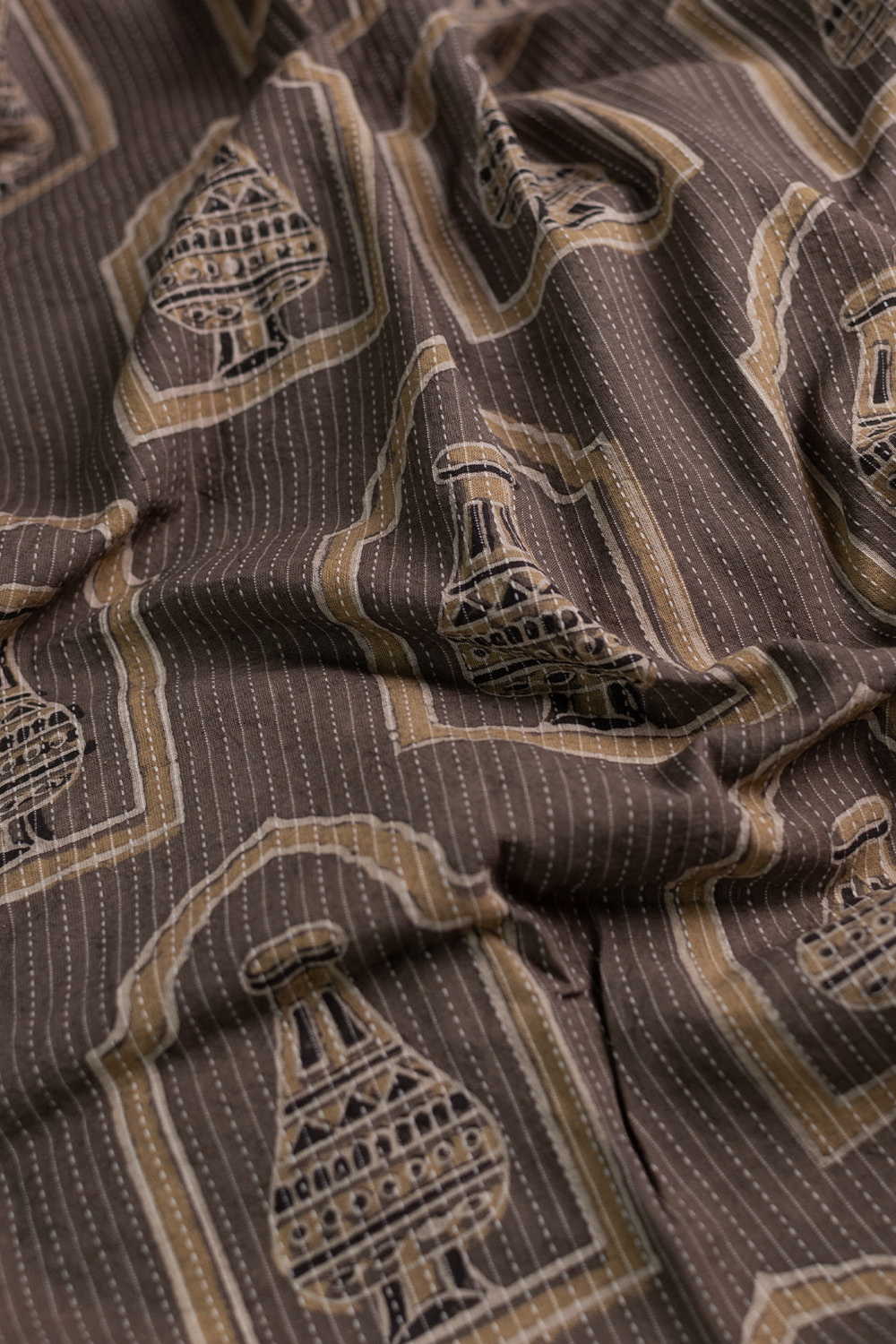 Light Brown Kantha Stitched Ajrak Cotton Fabric - Image 3