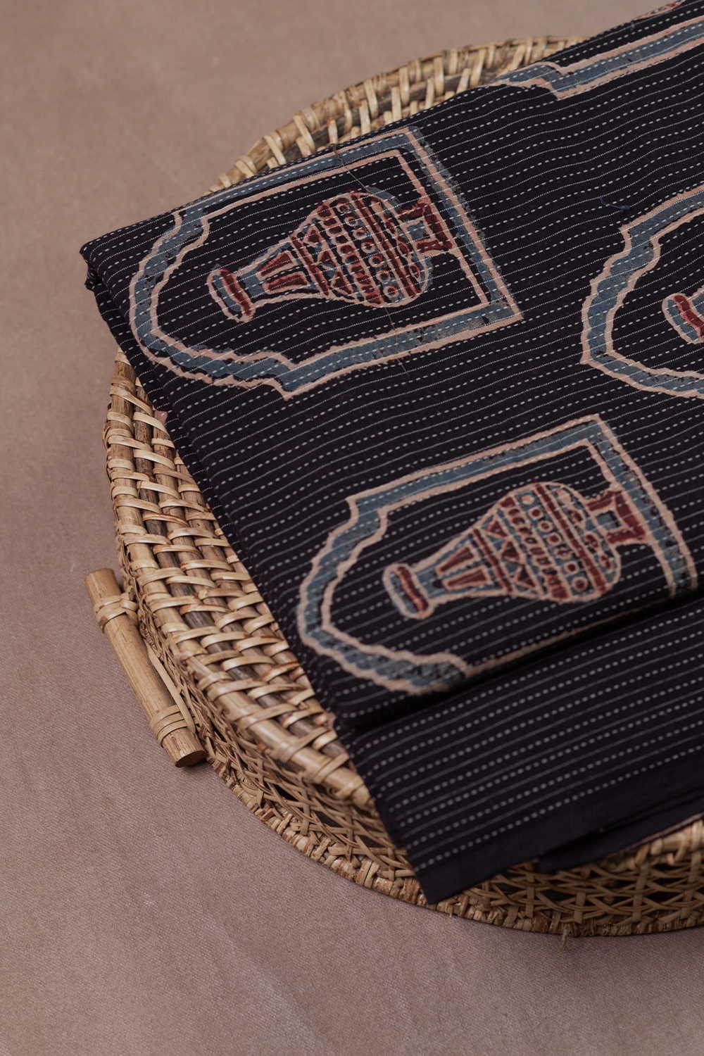 Black Kantha Stitched Ajrak Cotton Fabric