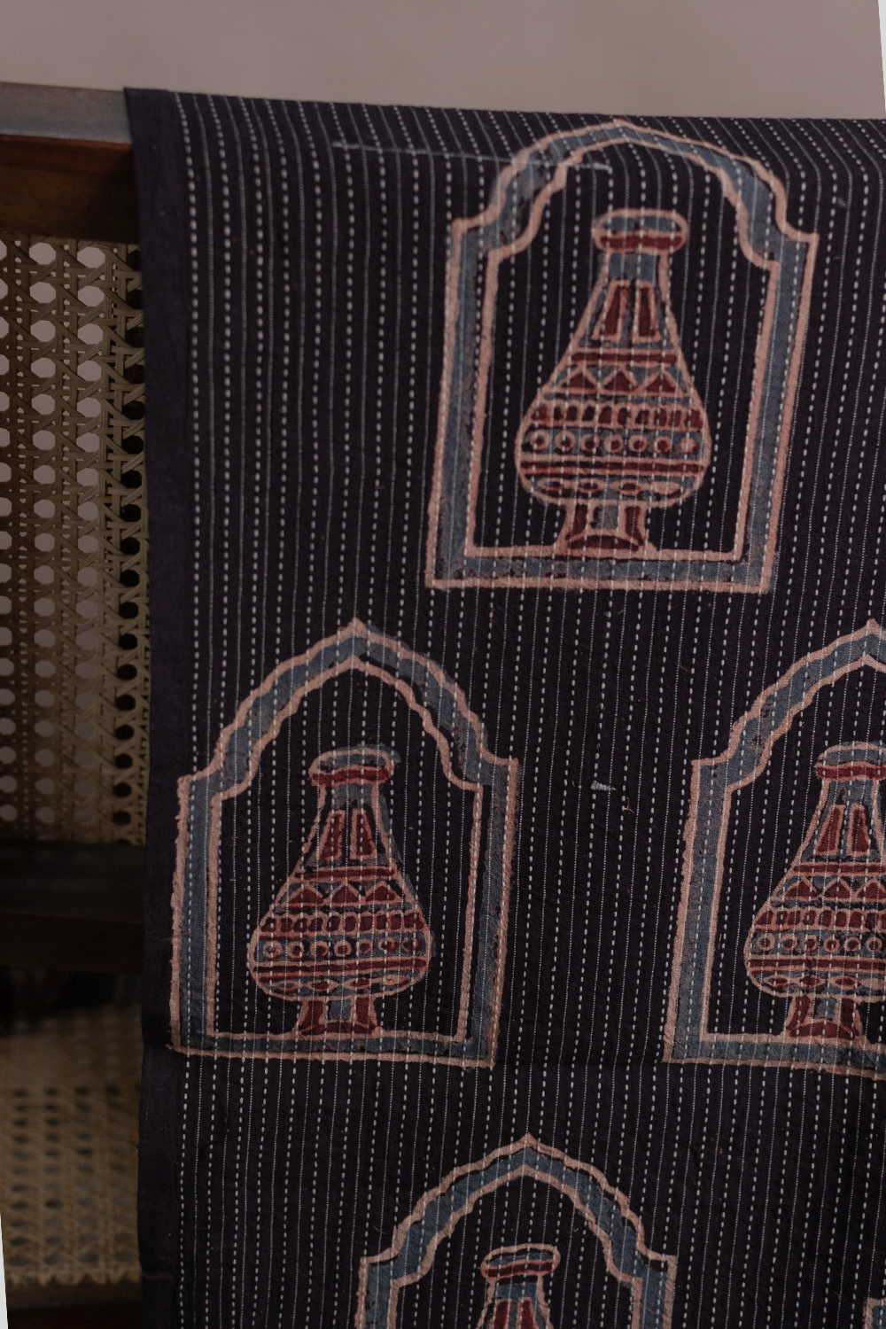 Black Kantha Stitched Ajrak Cotton Fabric - Image 2