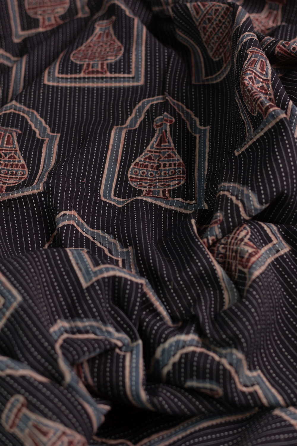 Black Kantha Stitched Ajrak Cotton Fabric - Image 3