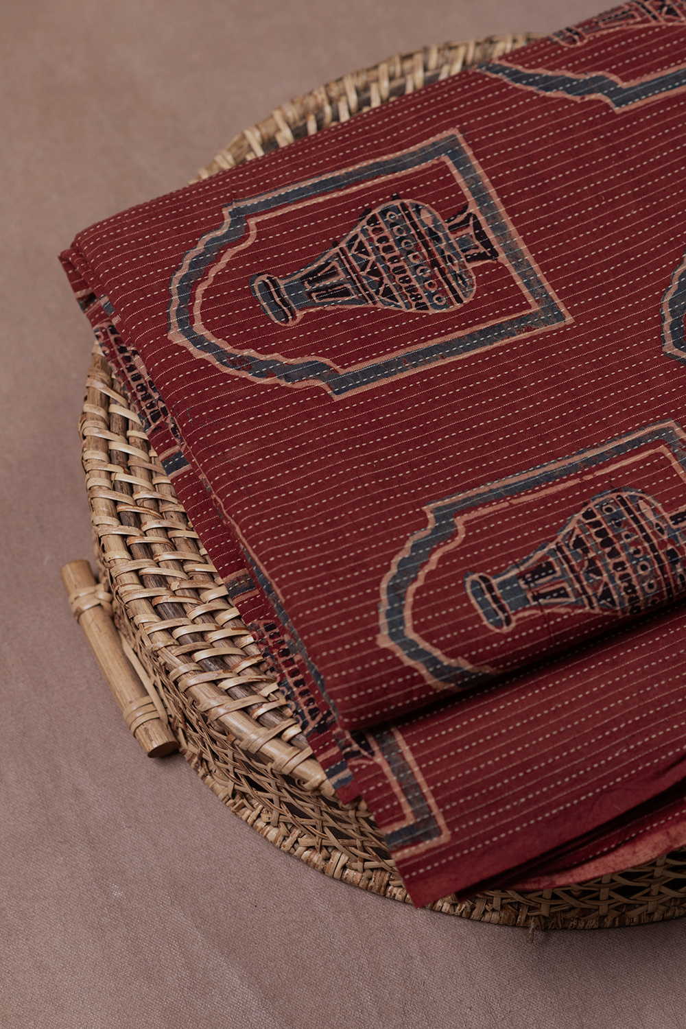 Scarlet Maroon Kantha Stitched Ajrak Cotton Fabric