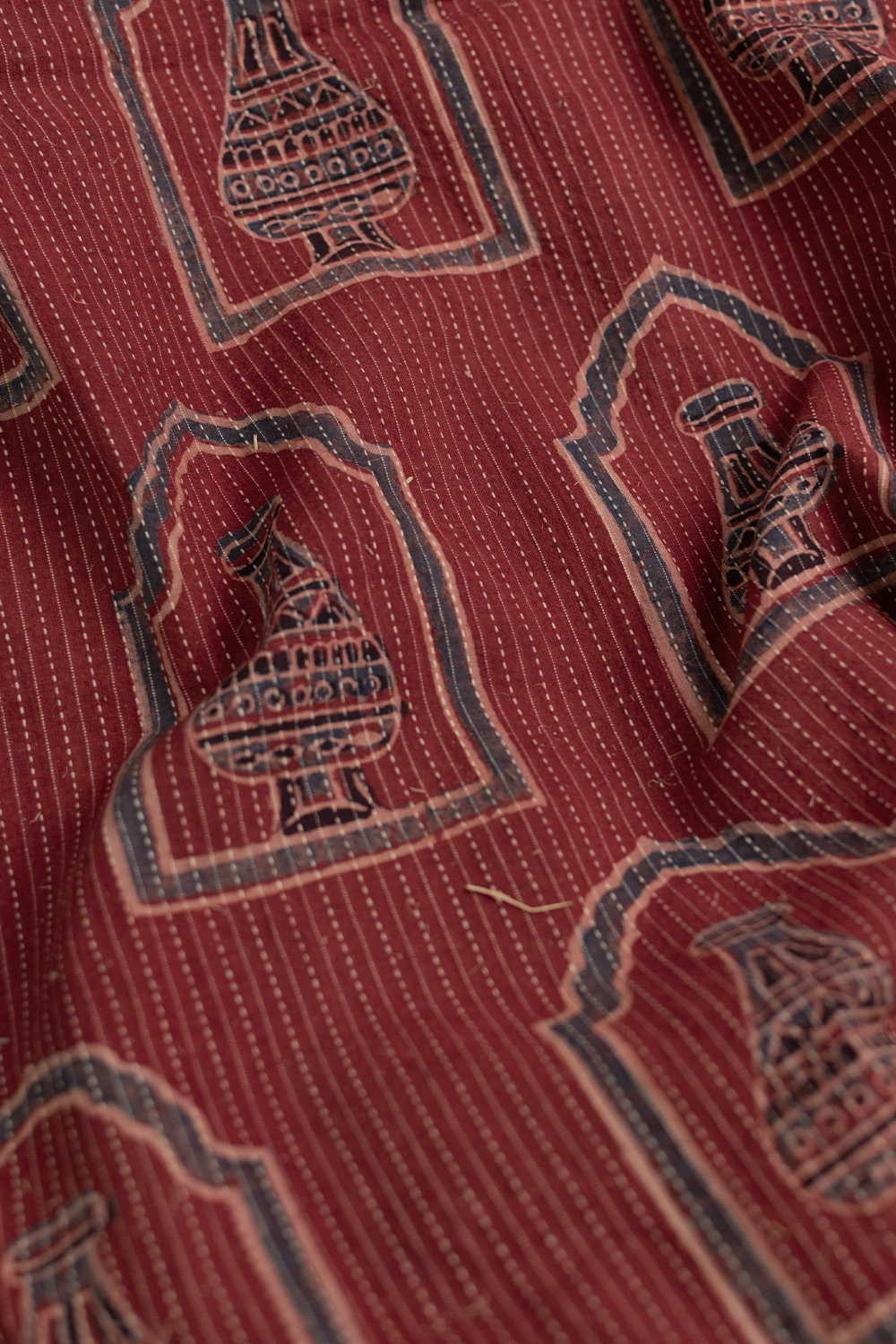 Scarlet Maroon Kantha Stitched Ajrak Cotton Fabric - Image 3