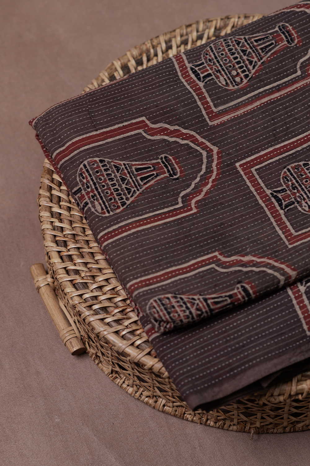 Faded Brown Kantha Stitched Ajrak Cotton Fabric