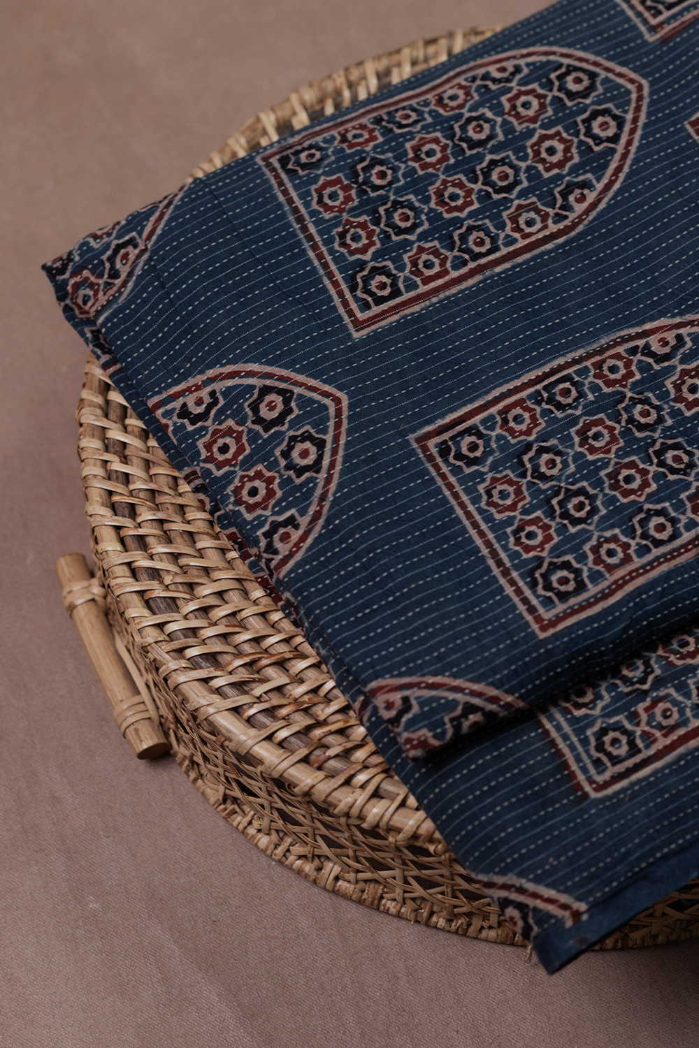 Indigo with Big Butta Kantha Stitched Ajrak Cotton Fabric