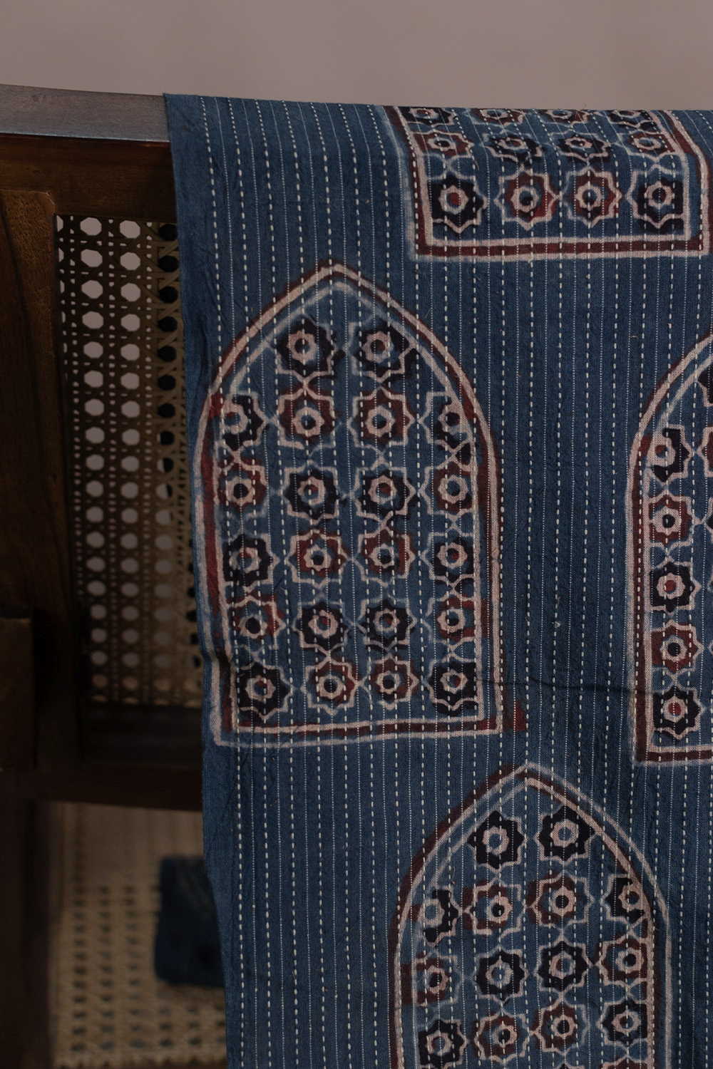 Indigo with Big Butta Kantha Stitched Ajrak Cotton Fabric - Image 2