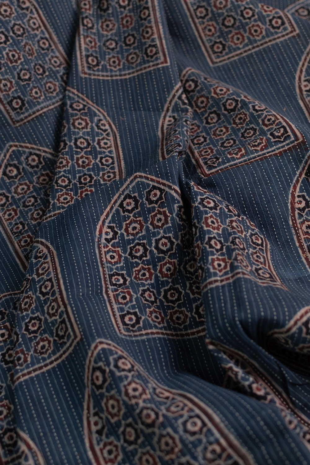 Indigo with Big Butta Kantha Stitched Ajrak Cotton Fabric - Image 3