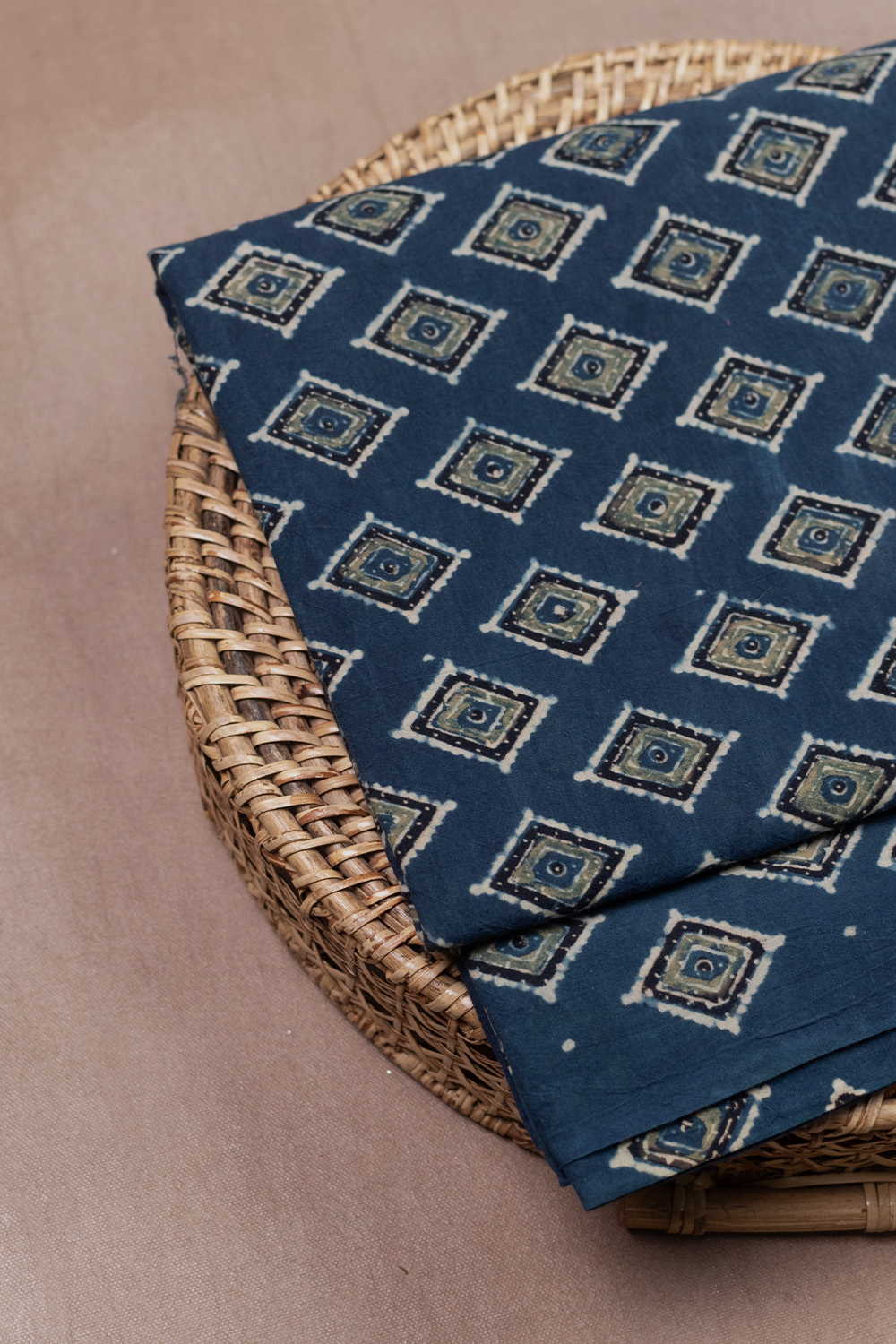 Green Motifs on Indigo Ajrak Cotton Fabric