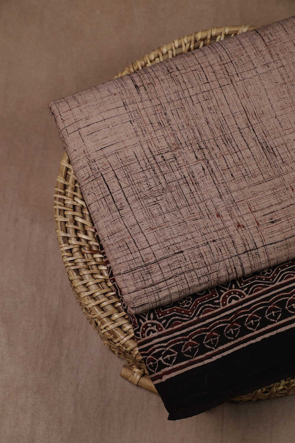 Beige Drift with Black Border Ajrak Cotton Fabric - 0.5m