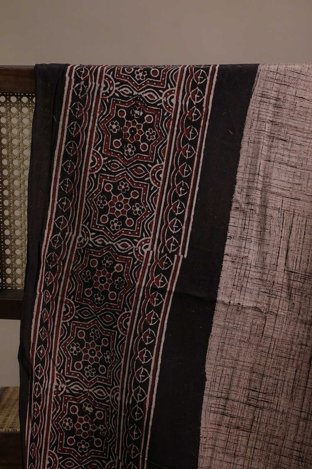 Beige Drift with Black Border Ajrak Cotton Fabric - 0.5m - Image 3
