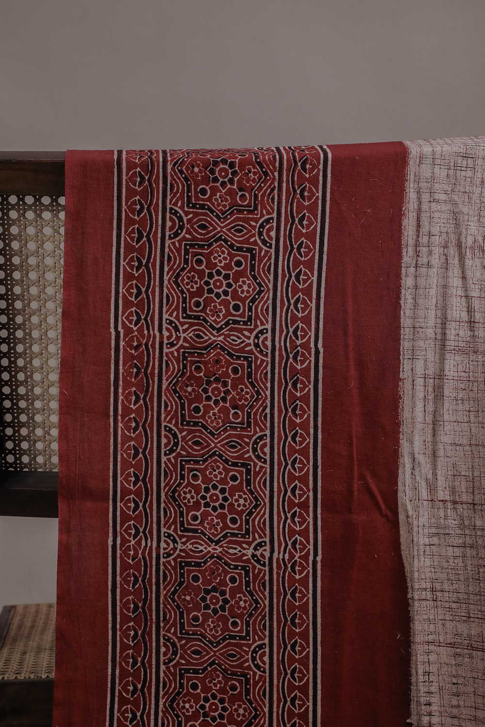 Earthen Grid with Maroon Border Ajrak Cotton Fabric