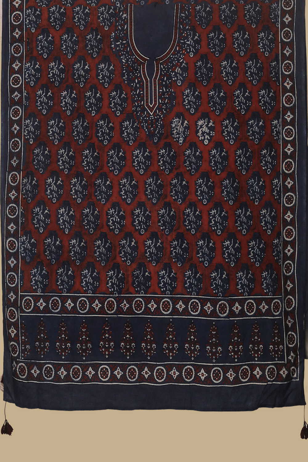 Maroon Designs on Indigo Ajrak Kaftan Cotton Fabric - Image 2