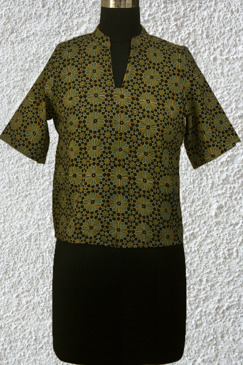 Black with Olive Green Flowers Ajrak Crop Top- 36 & 38 Size