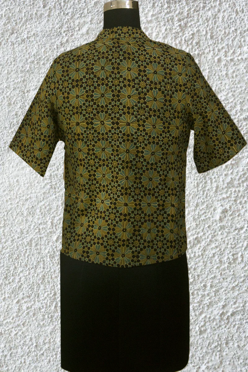 Black with Olive Green Flowers Ajrak Crop Top- 36 & 38 Size - Image 4