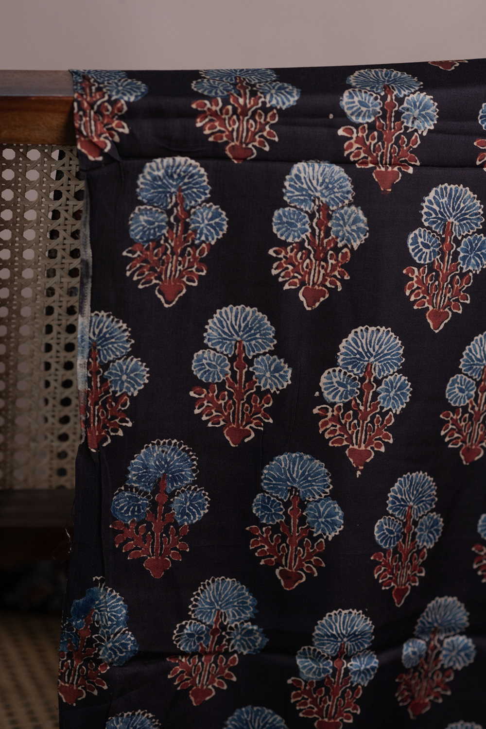 Tri Floral Bloom on Black Ajrak Modal Silk Fabric