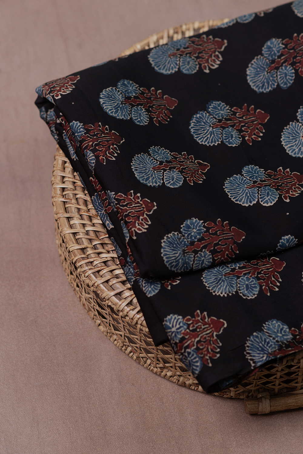 Tri Floral Bloom on Black Ajrak Modal Silk Fabric - Image 2