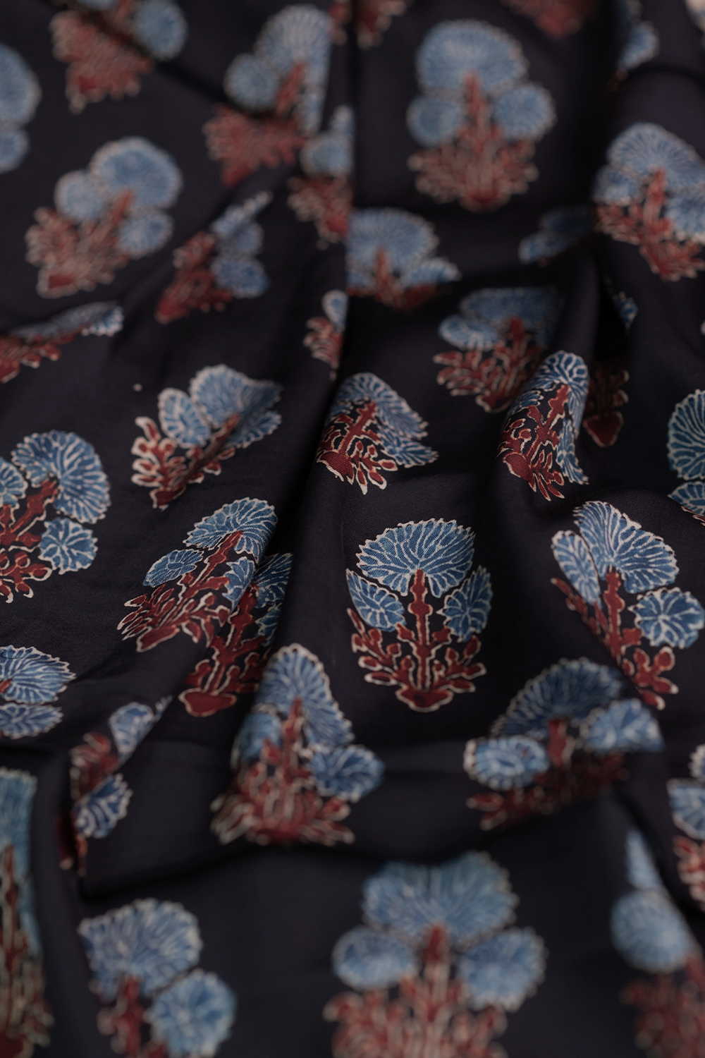 Tri Floral Bloom on Black Ajrak Modal Silk Fabric - Image 3