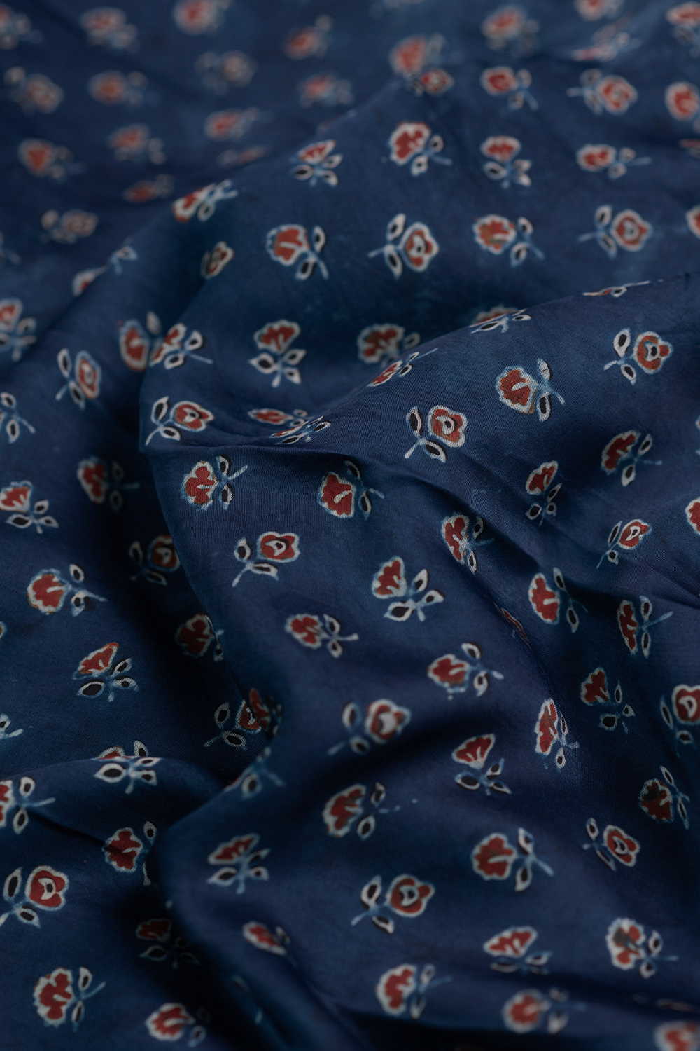 Tiny Floral on Indigo Ajrak Modal Silk Fabric - Image 2